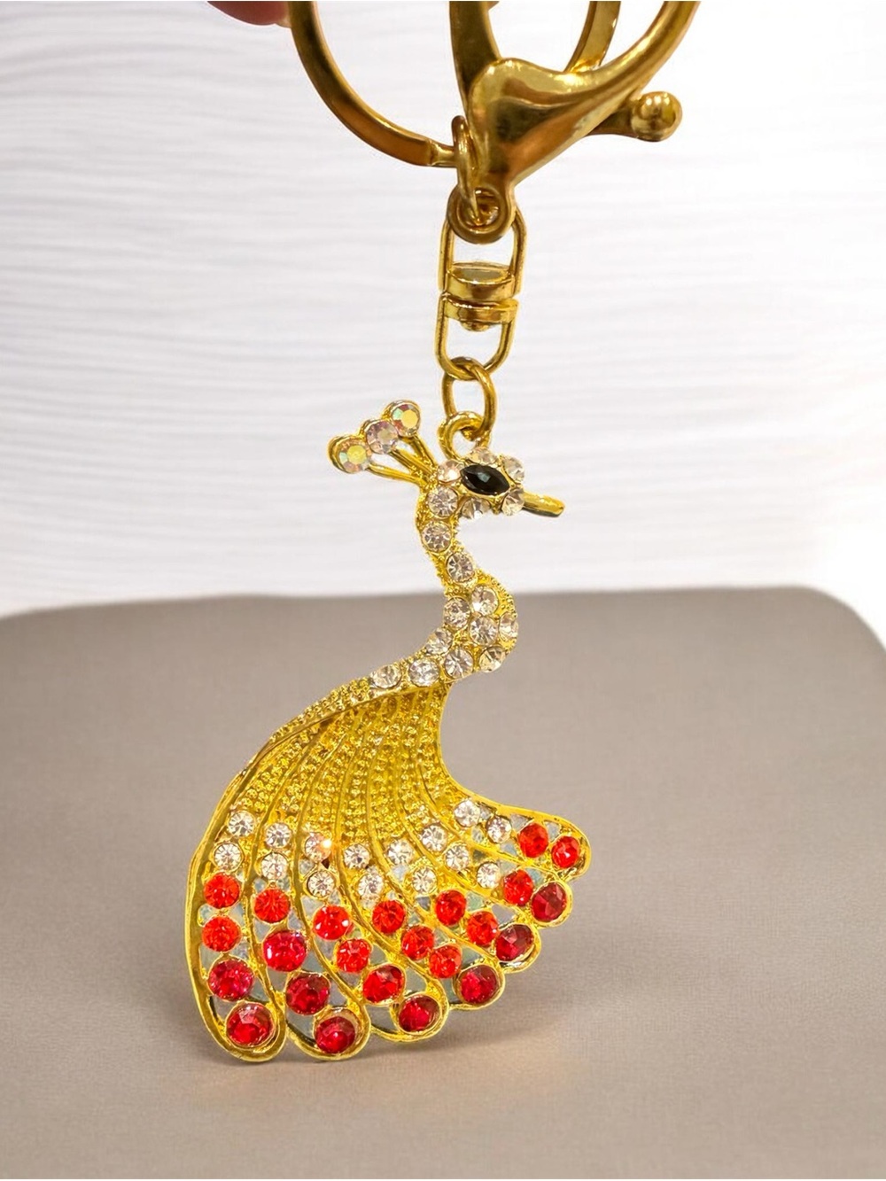 Peacock Keychain Charm with Red Crystal Accents in gold tone nwot